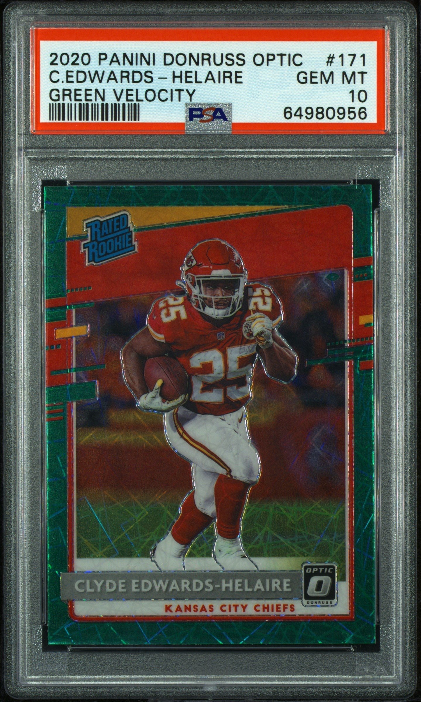 64980956 Clyde Edwards-Helaire 2020 Donruss Optic Green Velocity Rated Rookie Card PSA 10 - Image 1