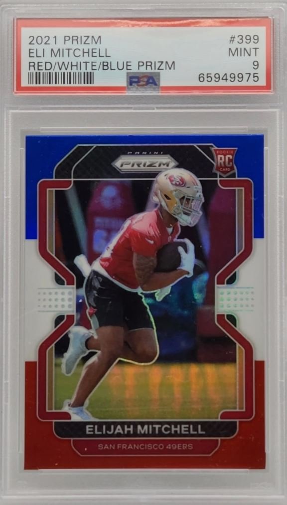 65949975 Eli Mitchell 49ers 2021 Panini Prizm Red White Blue Rookie Card #399 PSA 9 Mint - Image 1