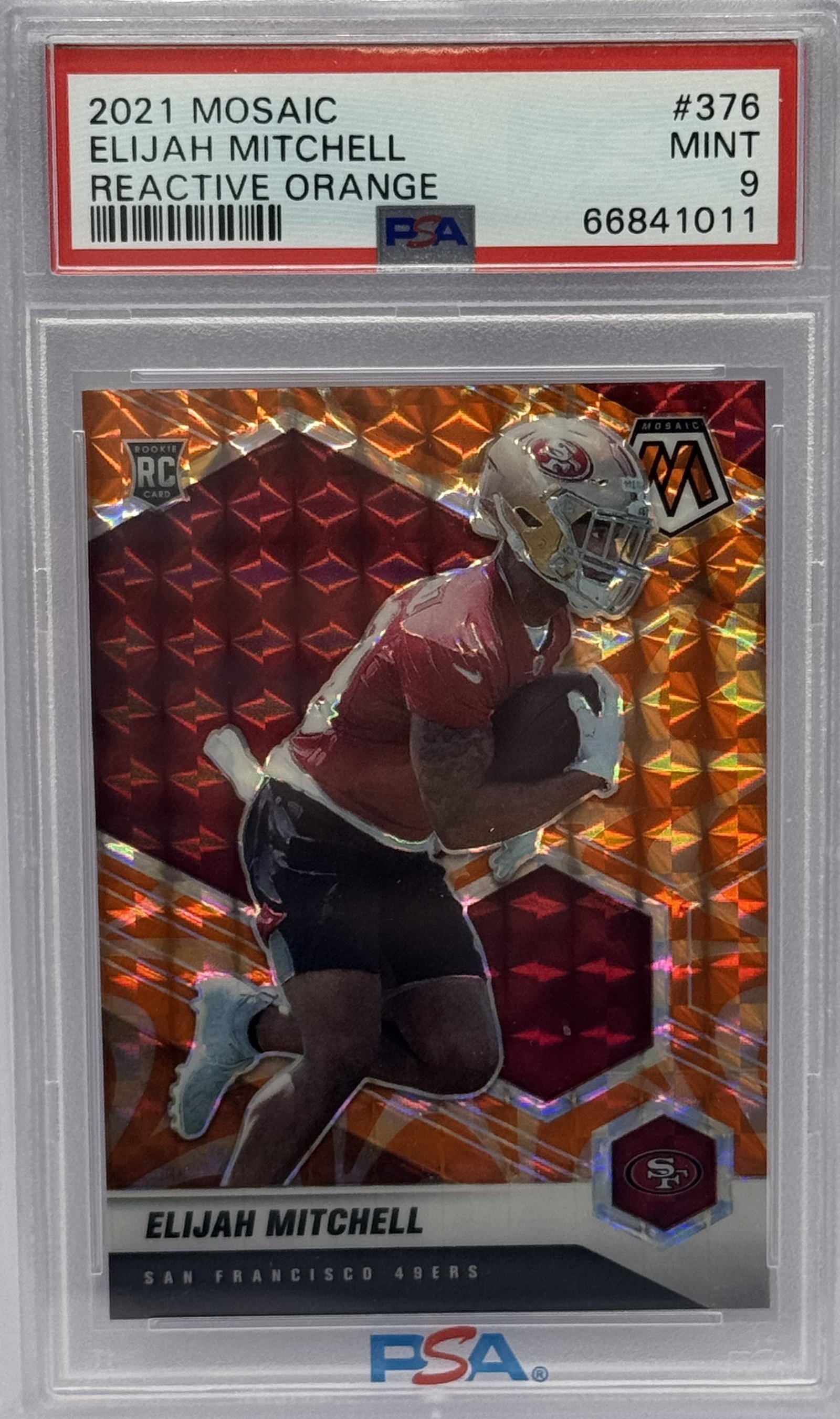 66841011 Eli Mitchell 49ers 2021 Mosaic Reactive Orange Prizm Rookie Card #376 PSA 9 Mint - Image 1