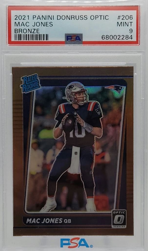 68002284 Mac Jones Patriots 2021 Donruss Optic Bronze Prizm Rookie Card #206 PSA 9 Mint - Image 1