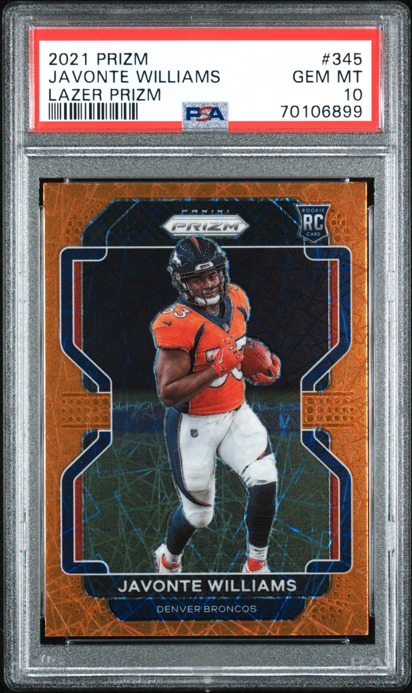70106899 Javonte Williams 2021 Panini Prizm Lazer Prizm Rookie Card #345 PSA 10 Gem Mint - Image 1