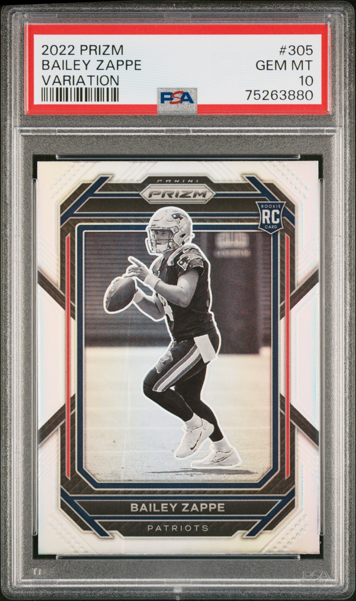75263880 Bailey Zappe Patriots 2022 Panini Prizm Silver Variation Rookie Card #305 PSA 10 - Image 1