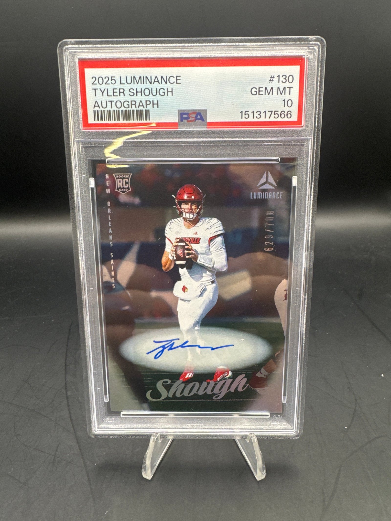 75F0CEDF-72AD-4906-BECC-B42E8E967EA3 Tyler Shough 2025 Luminance Auto 629/700 Saints Rookie Graded Card PSA 10 - Image 1