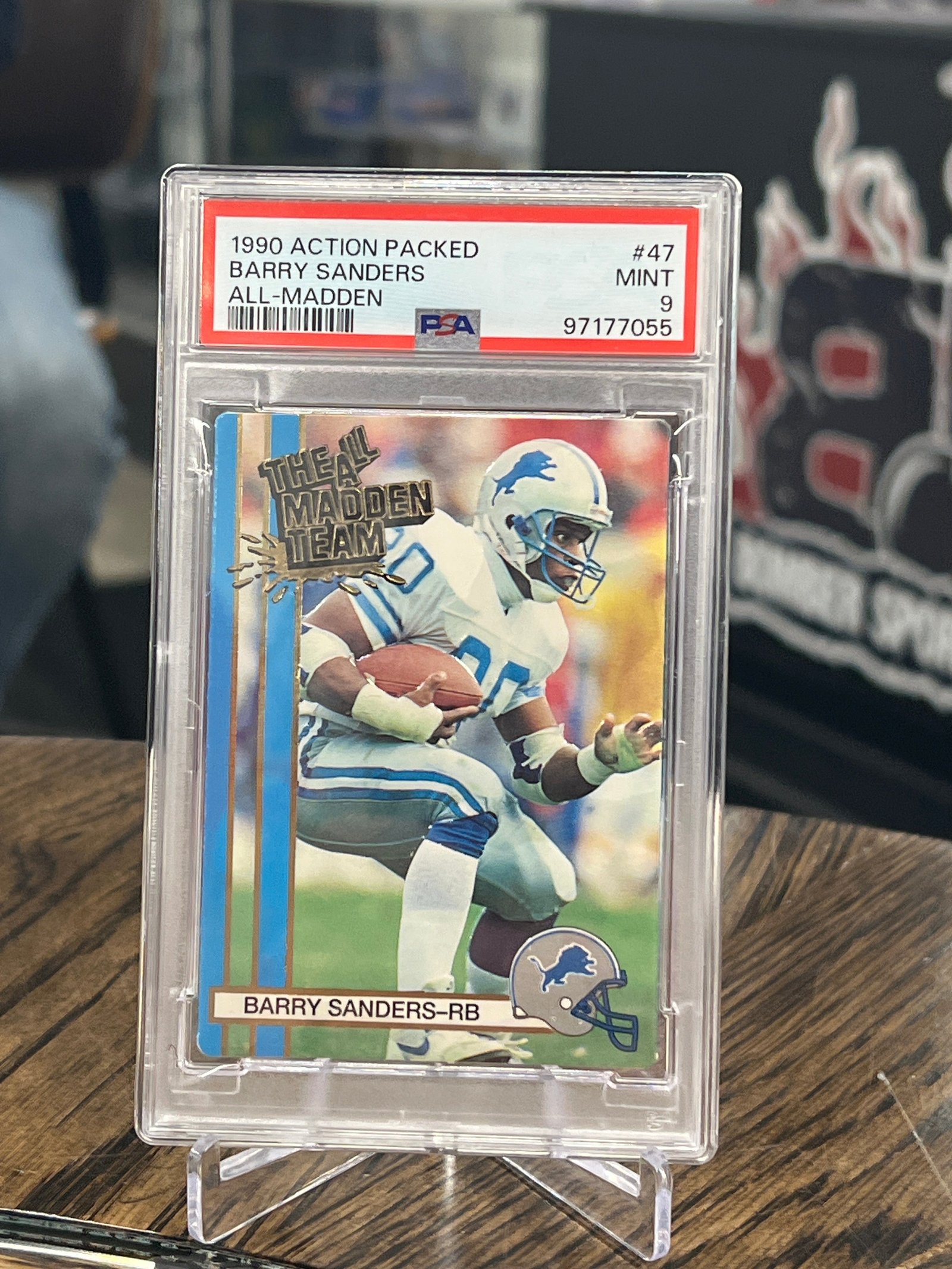 7FDFA95C-333C-46D3-9398-460433E86C4D Barry Sanders 1990 ACTION PACKED ALL-MADDEN #47 HOF PSA 9 - Image 1