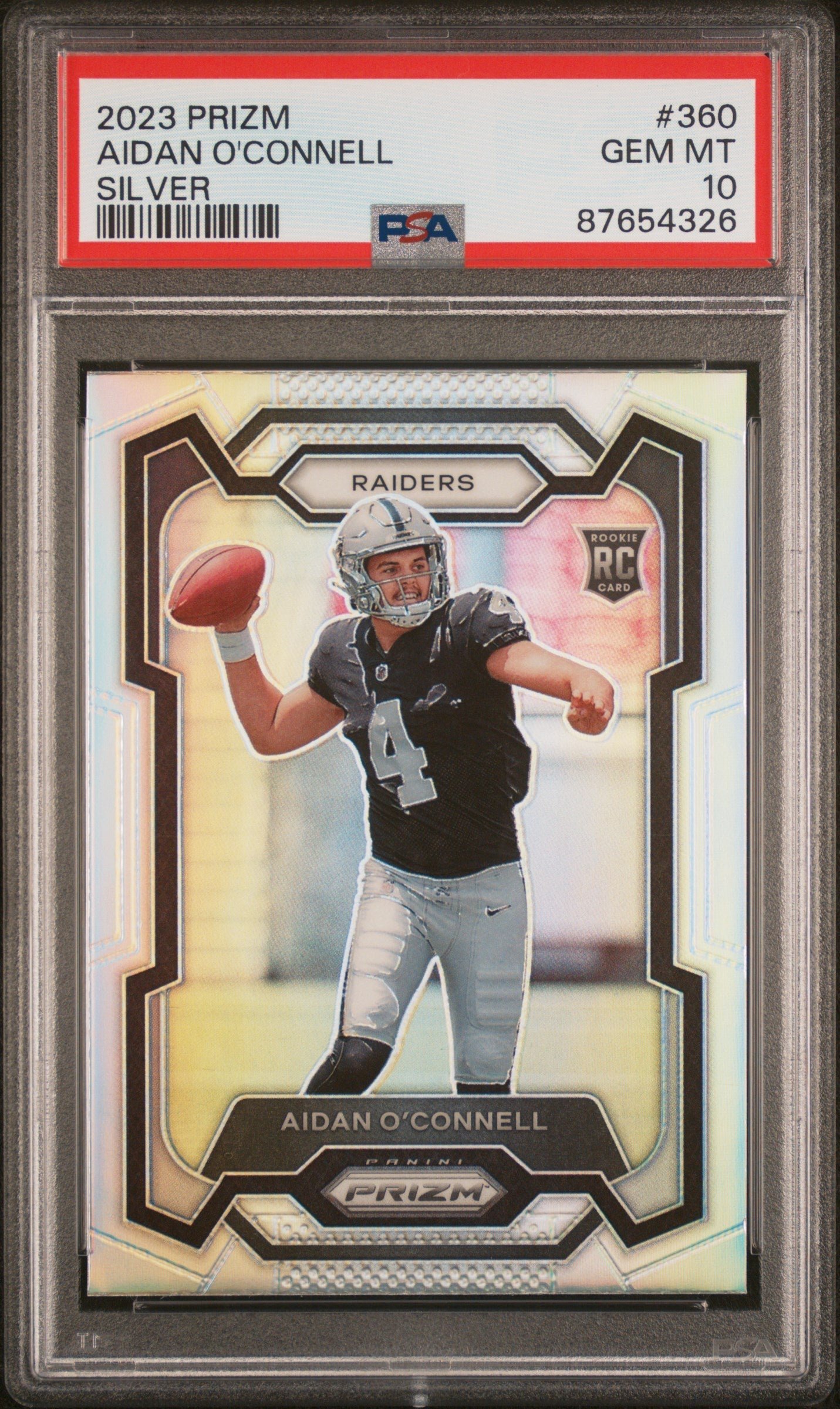 87654326 Aidan O'Connell Raiders 2023 Panini Prizm Silver Rookie Card #360 PSA 10 - Image 1