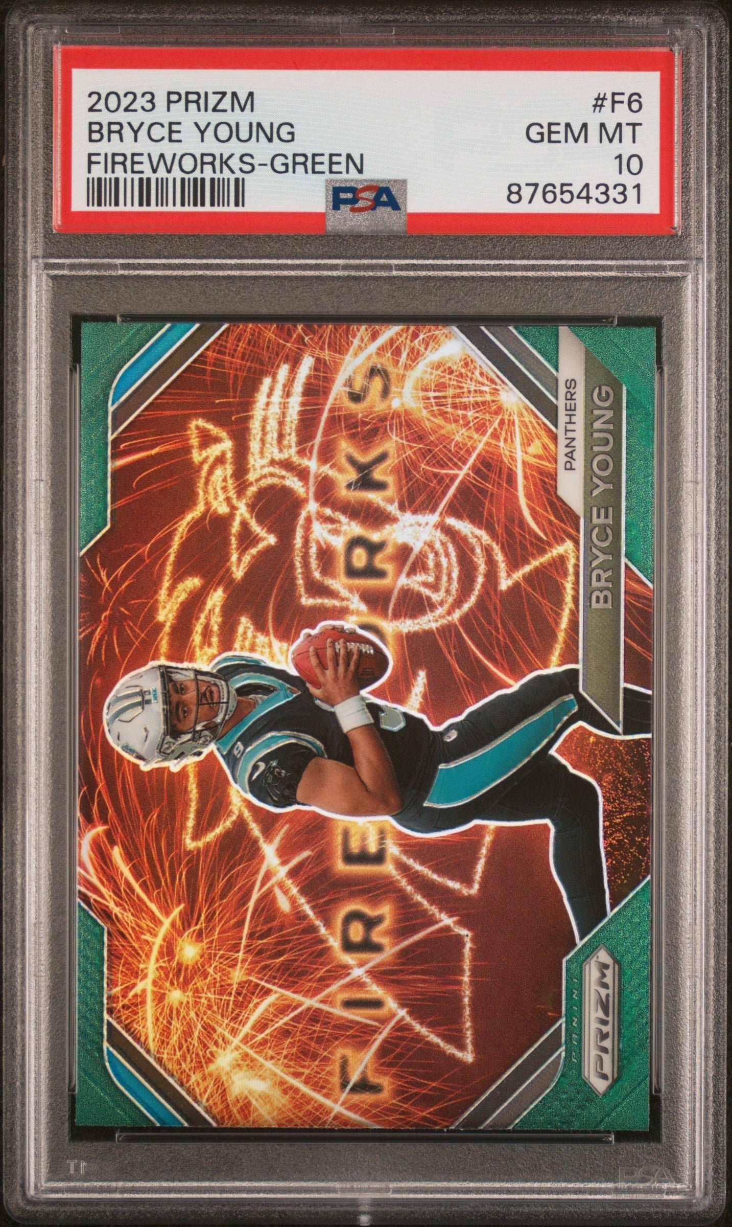 87654331 Bryce Young Panthers 2023 Panini Prizm Fireworks Green Insert Rookie Card PSA 10 - Image 1
