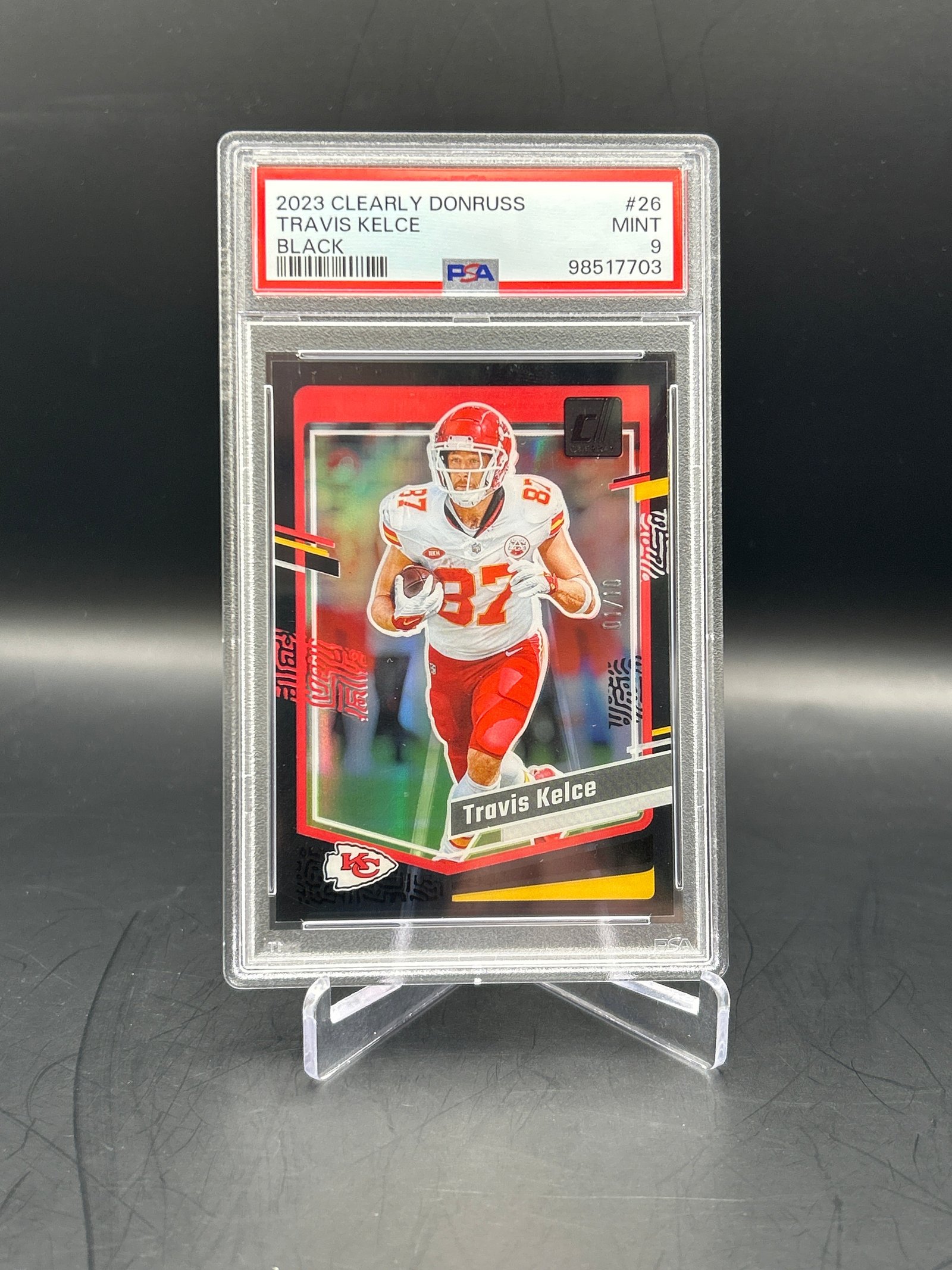 92686D5A-3002-4721-902D-08B0CA530883 Travis Kelce 2023 Clearly Donruss Black /10 PSA 9 #26 - Image 1