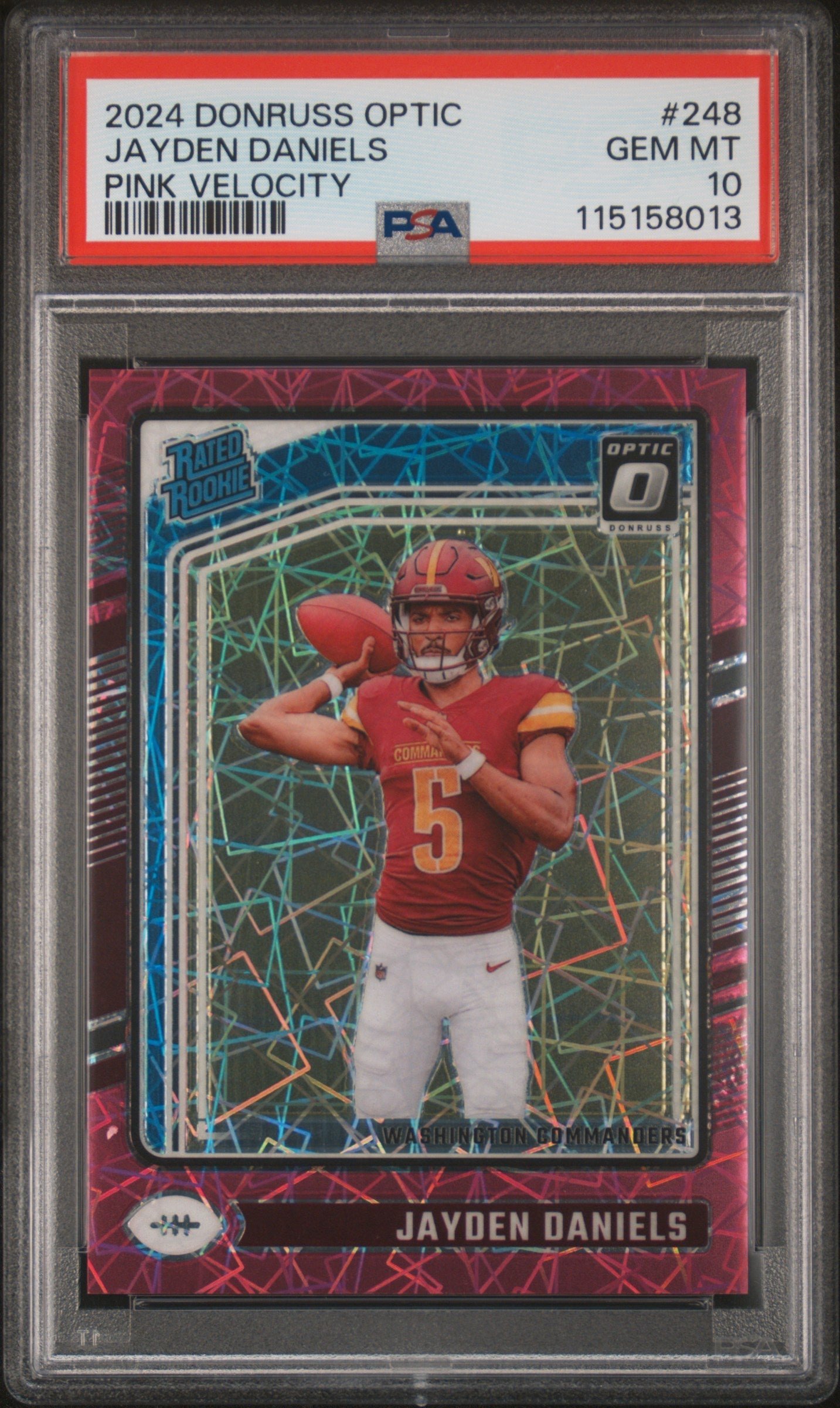 A8qX7I9HyESQQYP3KOCftA Jayden Daniels 2024 Donruss Optic Pink Velocity Rookie #73/80 PSA 10 Gem Mint - Image 1