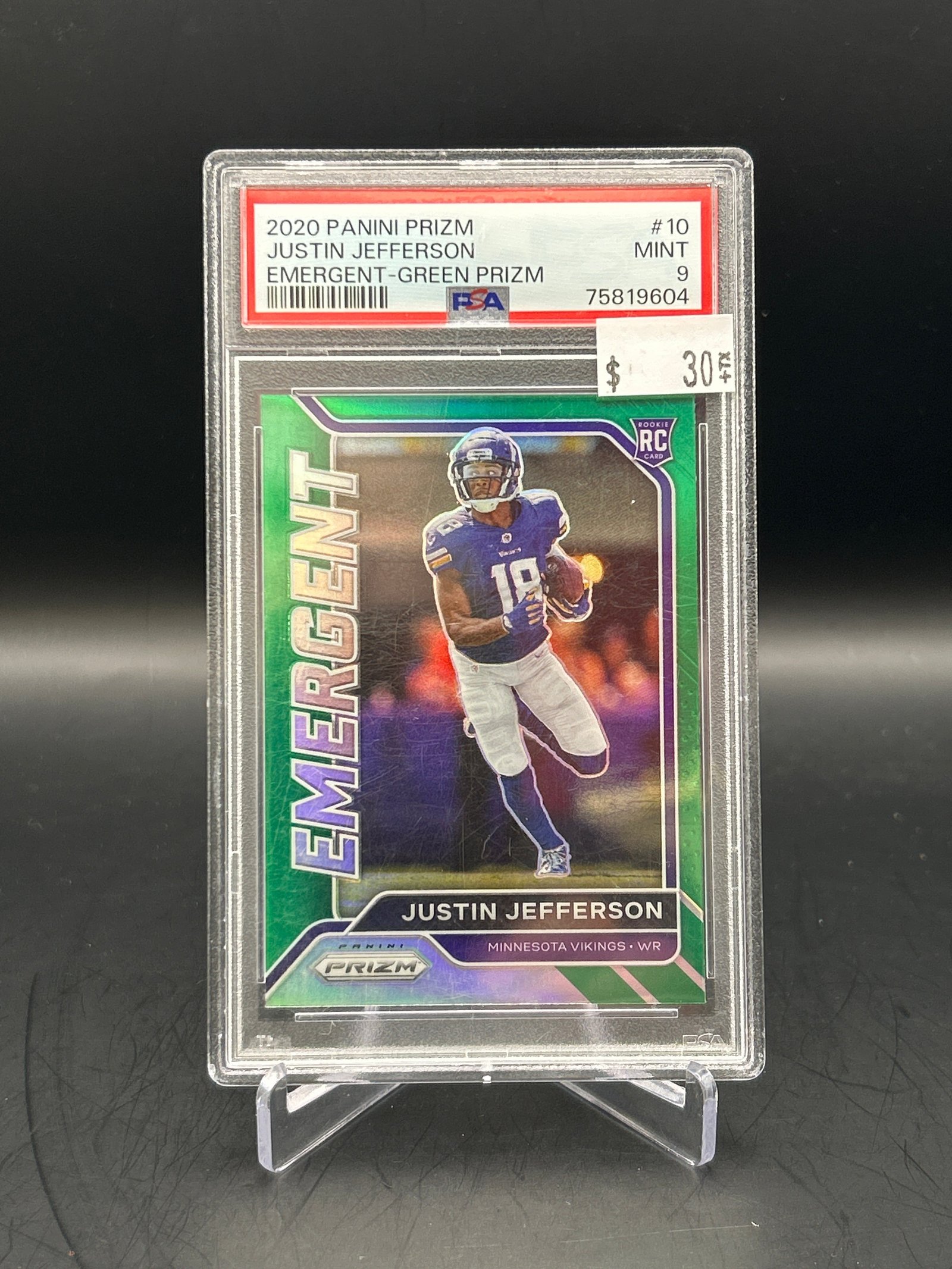 A9F5BA71-6DF9-46ED-9F65-B281563200A3 Justin Jefferson 2020 Panini Prizm Emergent Green Prizm #10 PSA 9 - Image 1