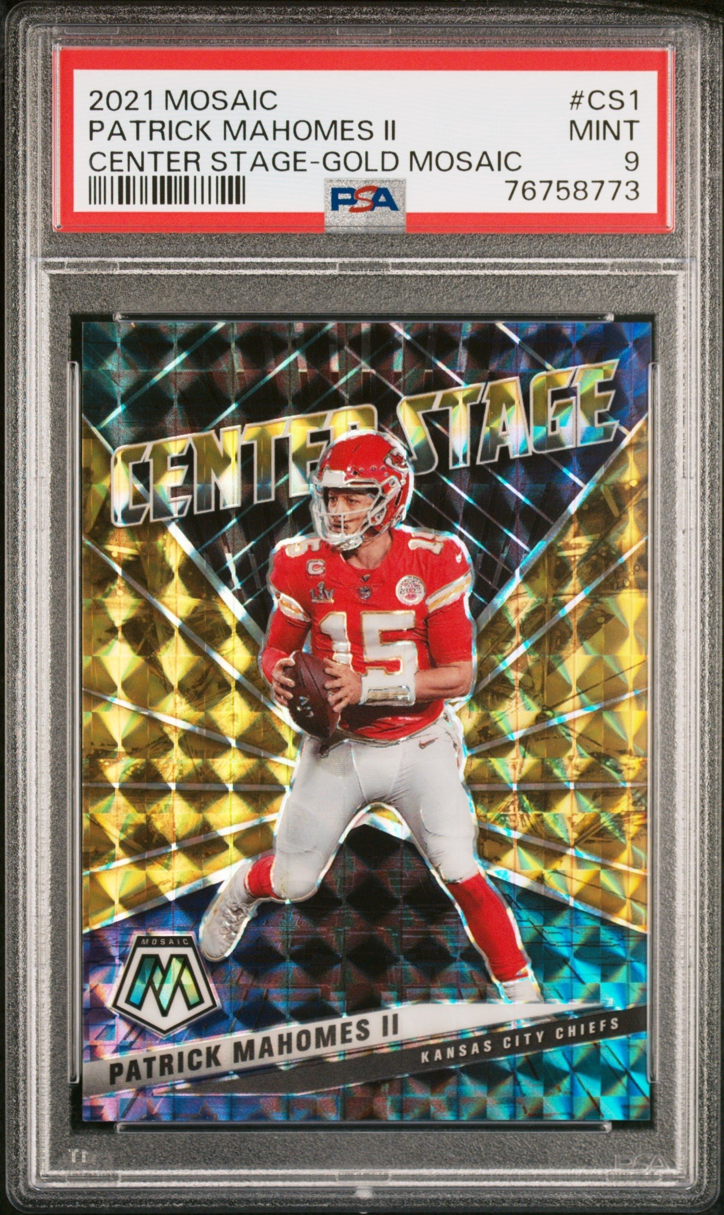 CBa3U5qrdUyNHq7odPPWjQ Patrick Mahomes 2021 Panini Mosaic Center Stage Gold Mosaic #2/10 PSA 9 Mint - Image 1