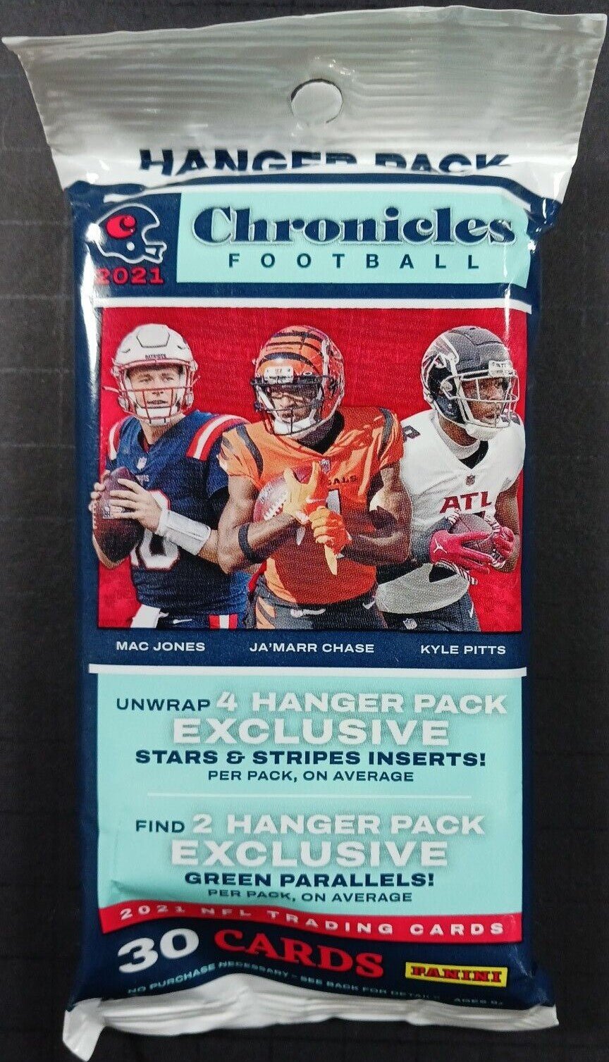 ChronicleFBHanger 2021 Panini Chronicles NFL Football 30 Card HANGER Pack with EXCLUSIVE GREEN Parallels and Stars Stripes Inserts - Image 1
