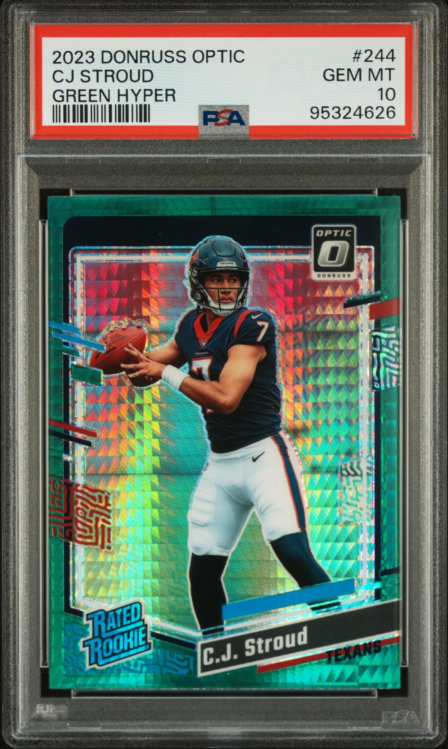 HHX05dSFi0ykzt29SVDPwg C.J. Stroud 2023 Donruss Optic #244 Green Hyper PSA 10 Gem Mint - Image 1