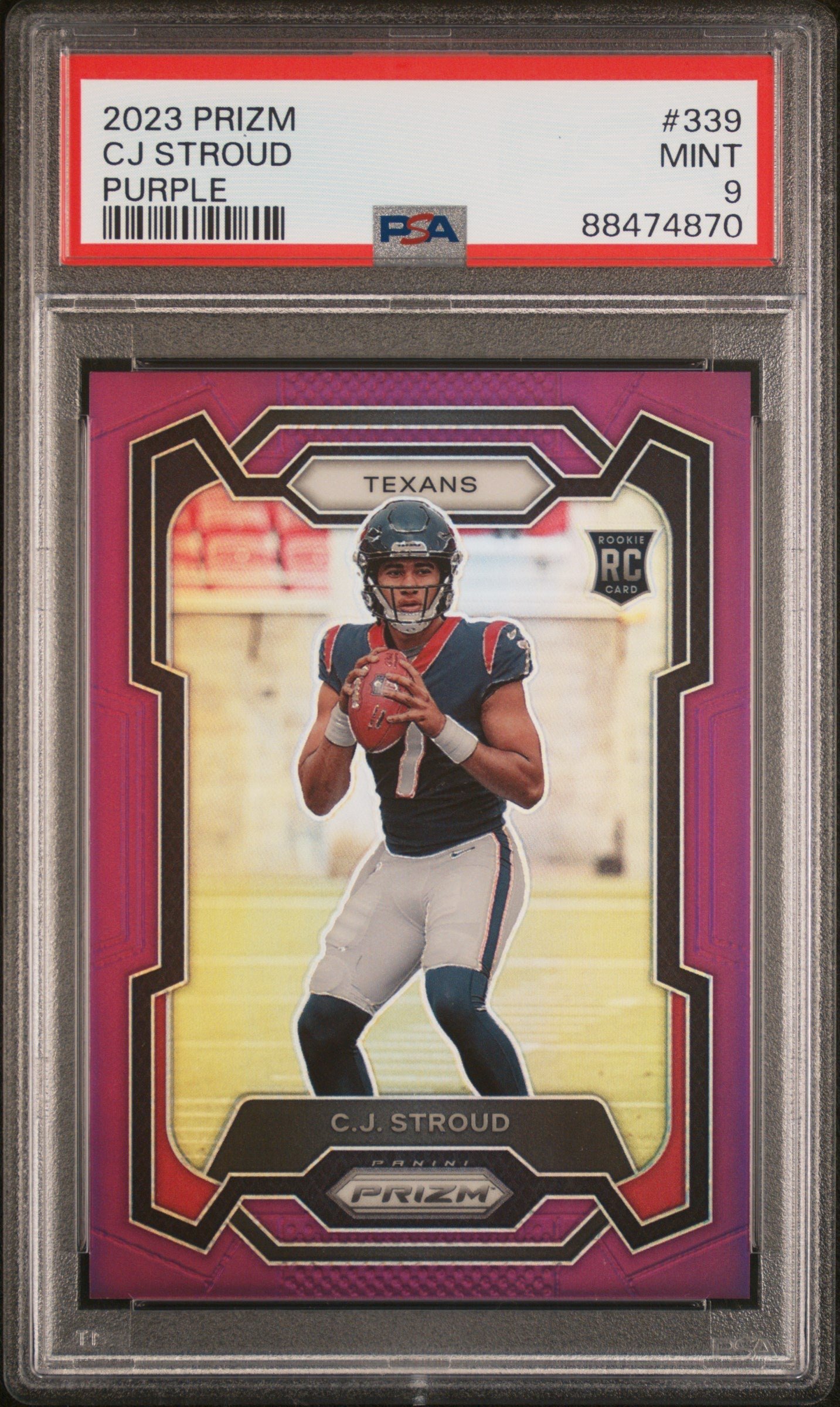 JDvLQRF30kWKmfZFLCBQnw C.J. Stroud 2023 Panini Prizm Purple Prizm #21/125 PSA 9 Mint - Image 1