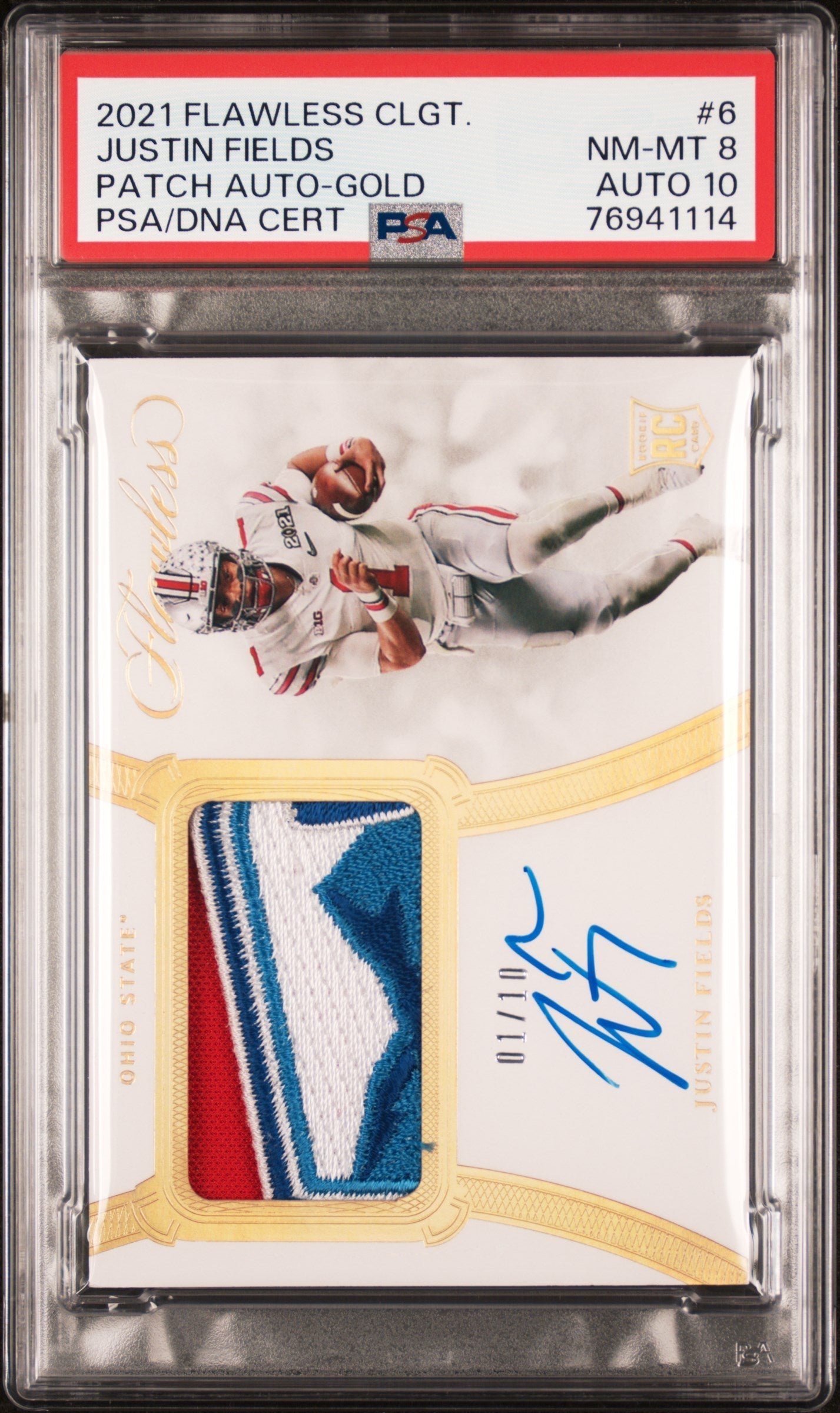 JcUxh6cgo0mm5lIysQi-Rg Justin Fields 2021 Panini Flawless Collegiate Gold Patch Auto #1/10 PSA 8 Auto 10 - Image 1