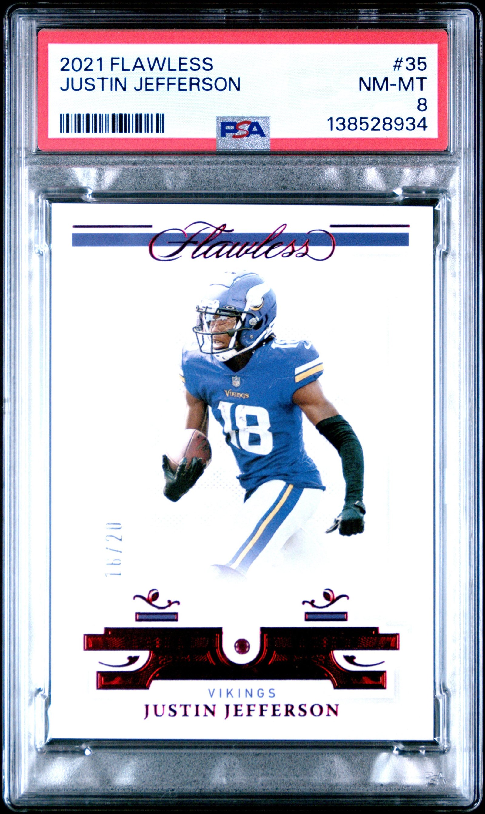 MY751FgbJU6eLFxK5GTPow Justin Jefferson 2021 Panini Flawless Ruby #16/20 PSA 8 Nm-Mint - Image 1