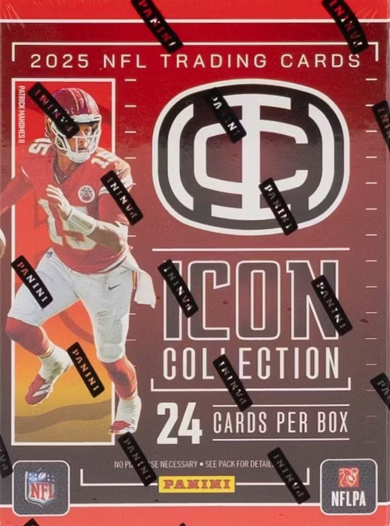 MahomesIcon_037e958a-7b69-4aa3-86bd-9f47f262c93e Patrick Mahomes 2025 Panini Icon Collection Factory Sealed 24 Card Blaster Box Featuring 1 MEMORABILIA Card, 3 Red Parallels and 1 Opti-Chrome Insert Plus - Image 1