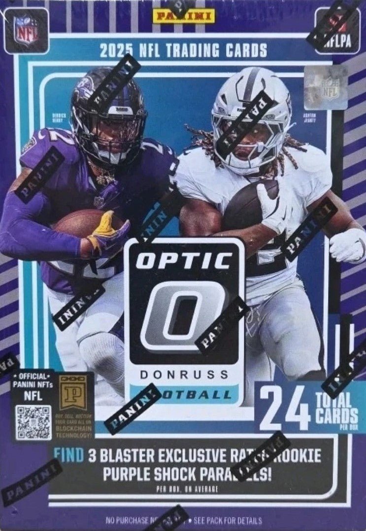 OpticFB_990bea54-71b1-4c8c-90ac-013a981f581e 2025 Panini Donruss OPTIC Football Series Blaster Box with 3 EXCLUSIVE Rated Rookies Purple Shock Parallels and Chance for Ultra Rare Downtown Inserts PLUS - Image 1