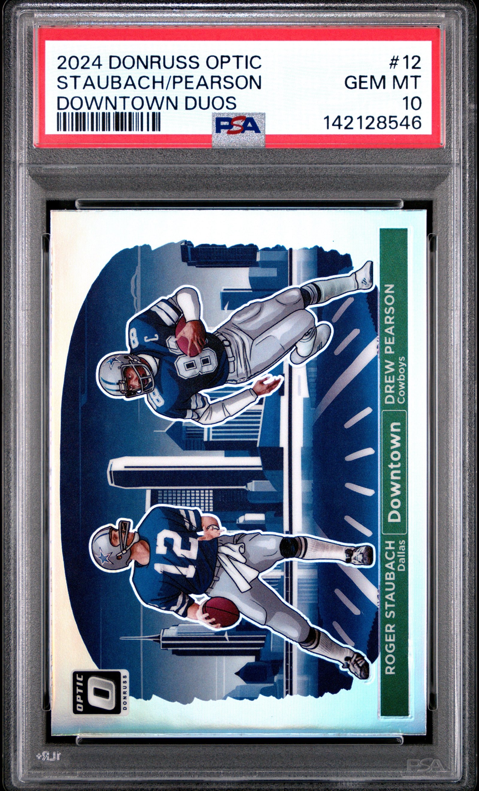 PL_IzFGkMU2Hp-4JWdTxLw Roger Staubach + Drew Pearson 2024 Donruss Optic Downtown Duos PSA 10 Gem Mint - Image 1
