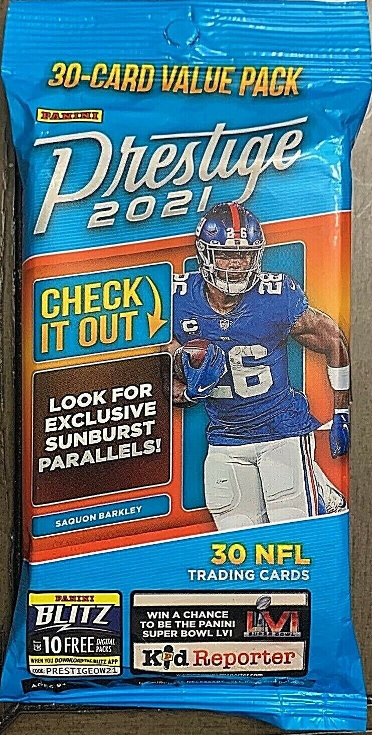 PrestigeCellopack_e2bc532f-57e1-49a0-999b-b70bc094e41b 2021 Panini PRESTIGE Series Football 30 Card Fat Pack with Possible EXCLUSIVE Sunburst Parallels - Image 1