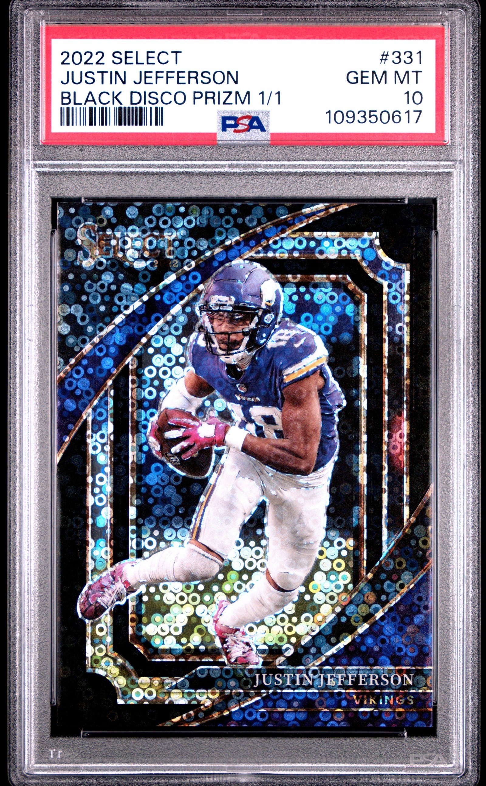 Rc6dD4mNokCm4TdszdWsqA Justin Jefferson 2022 Panini Select #331 Black Disco #1/1 PSA 10 Gem Mint - Image 1