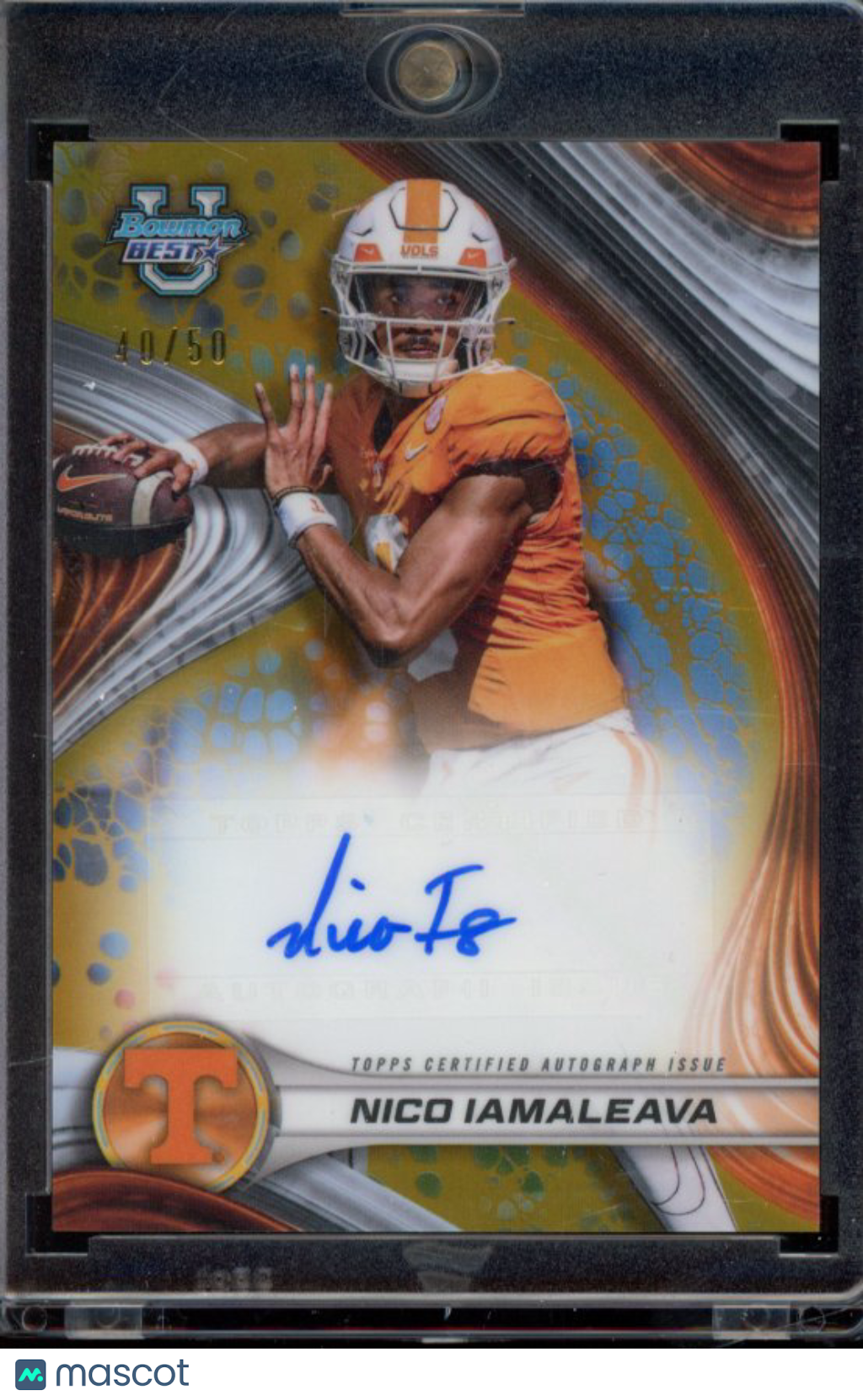 bc62d60d-ab53-4c6c-aeac-479af1d20be2-watermark-raw-V2 2024 Bowman U Best Nico Iamaleava Gold Auto /50 - Image 1