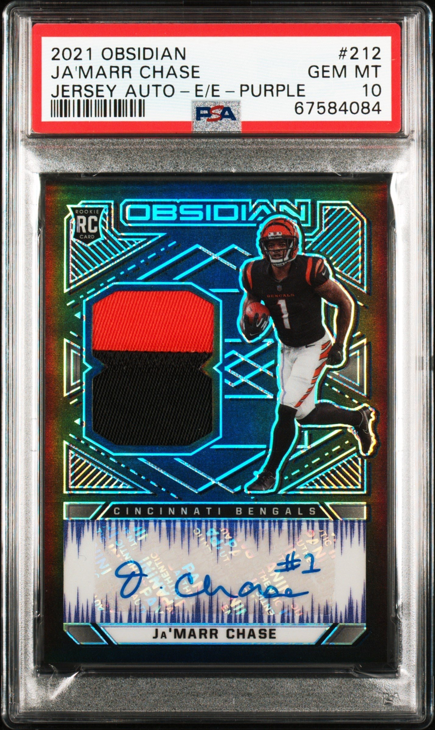 bktb0mxRfE2V-ZZ4uisf1w Ja'Marr Chase 2021 Panini Obsidian Rookie Patch Auto Electric Etch Purple #4/40 PSA 10 Gem Mint - Image 1