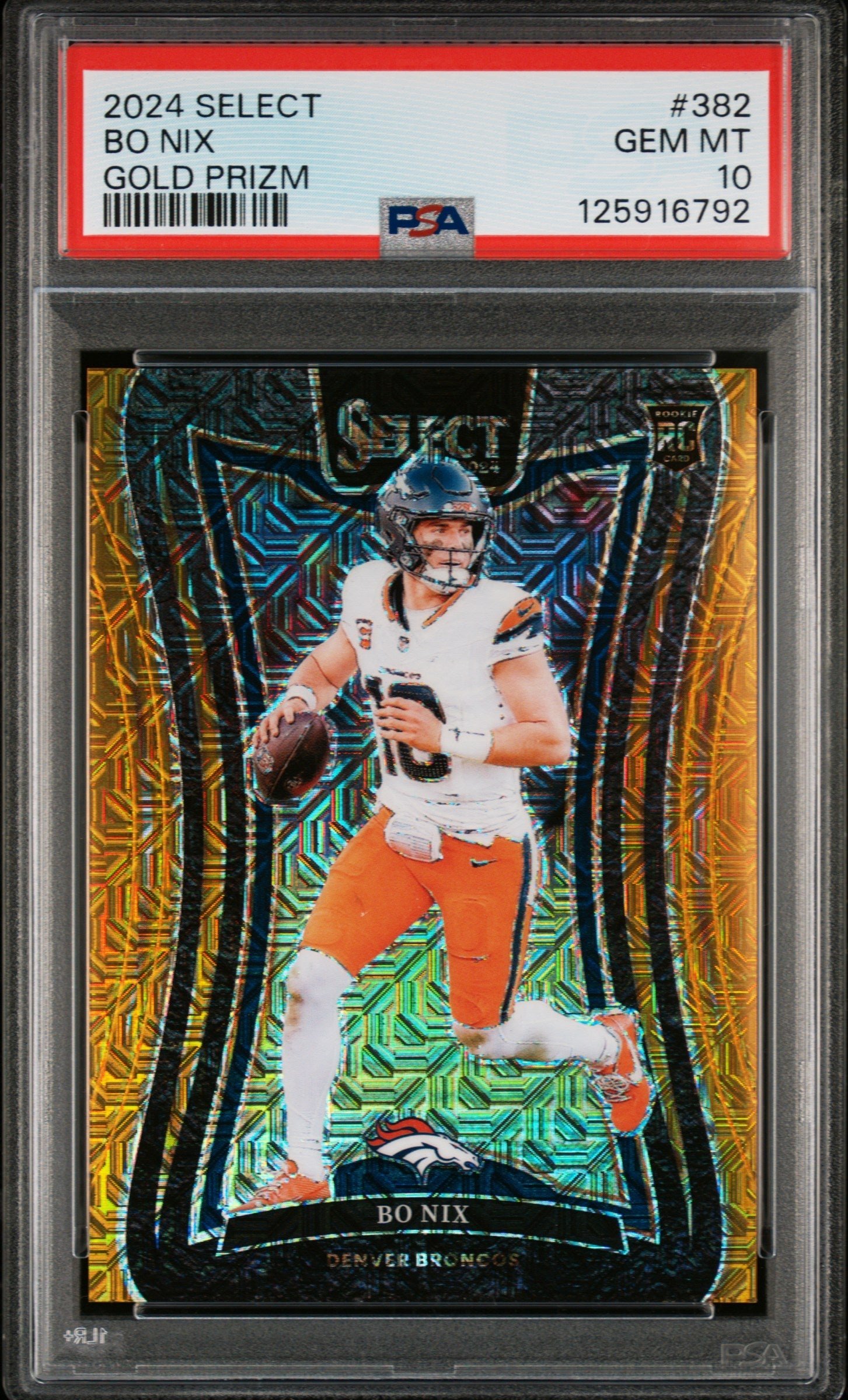 cPL7mOe1u0WuTUHM0Df60w Bo Nix 2024 Panini Select Rookie #382 Gold Prizm #8/10 PSA 10 Gem Mint - Image 1