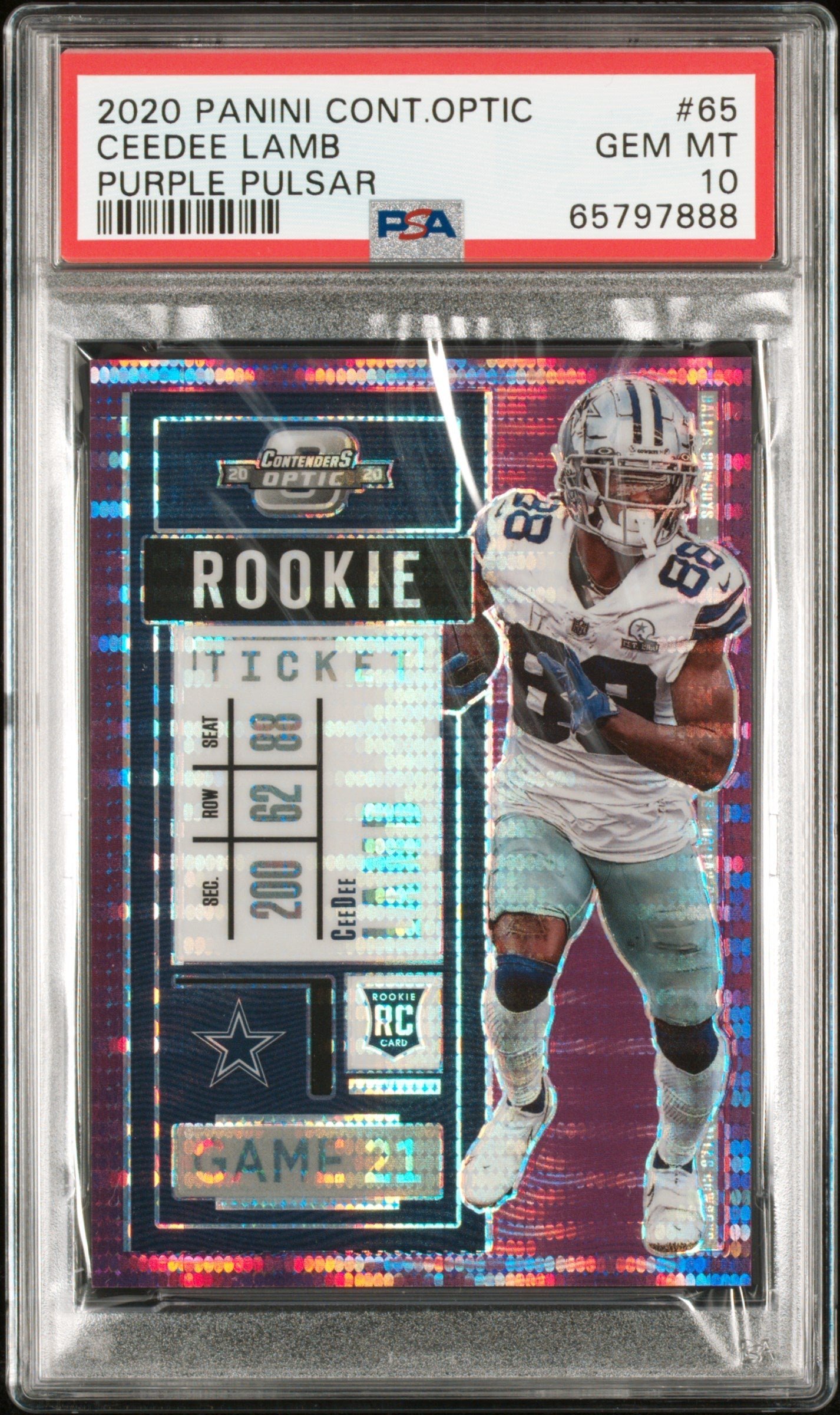 dFOhUVZGFUSJq5K5cP1RkQ Ceedee Lamb 2020 Panini Contenders Optic Purple Pulsar Rookie #13/21 PSA 10 Gem Mint - Image 1
