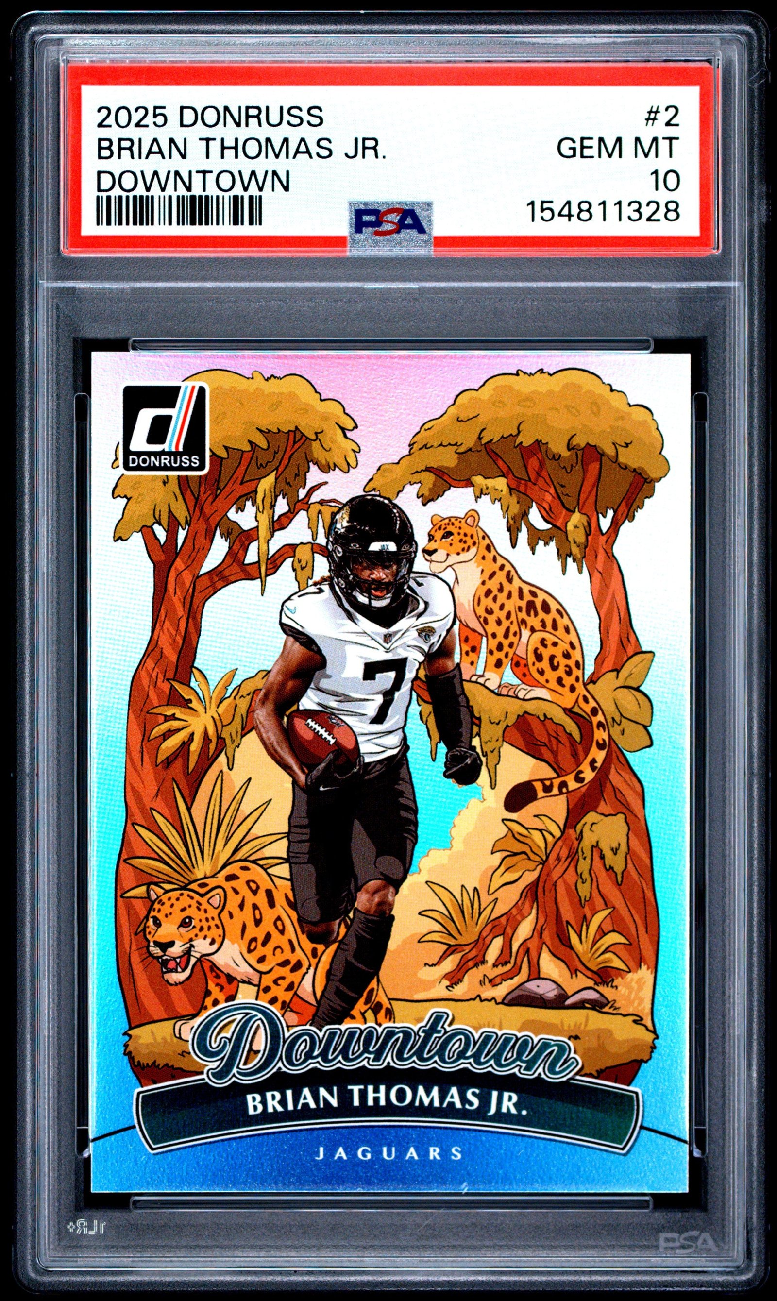 eb-seJnaAU6hbetR77zQug Brian Thomas Jr. 2025 Donruss Downtown PSA 10 Gem Mint 1328 - Image 1