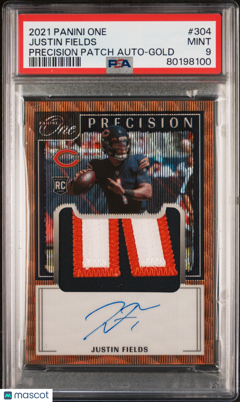 front-watermark-V2_236cdbfa-3547-4865-b0ce-ba2db87e4633 2021 Panini One Justin Fields #304 PSA 9 Rookie Gold Prizm Patch Auto /10 - Image 1