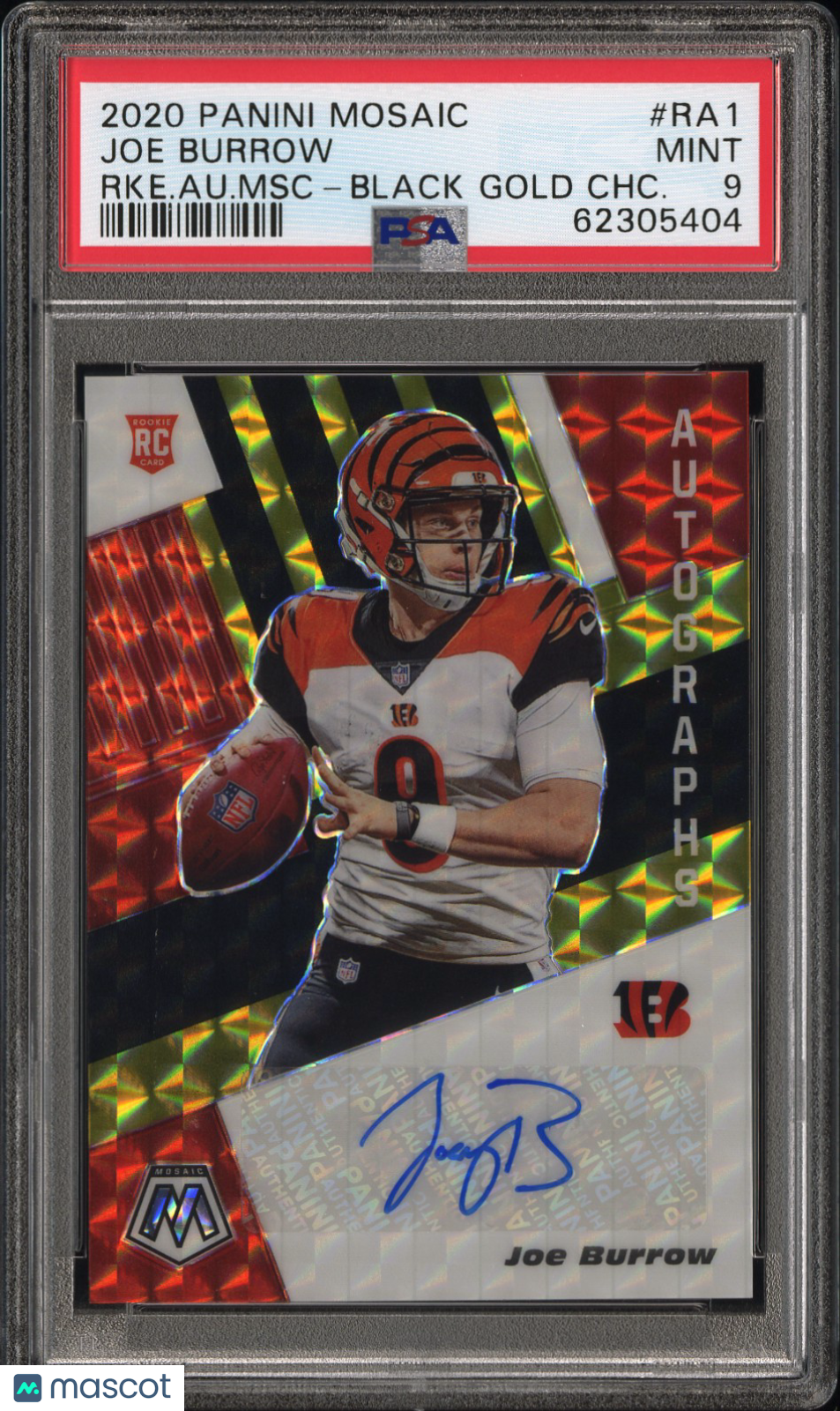 front-watermark-V2_258bd1b7-47d7-422d-9762-c6aa0e5ee85b 2020 Panini Mosaic Rookie Auto Mosaic Joe Burrow Black Gold Prizm #/8 PSA 9 - Image 1