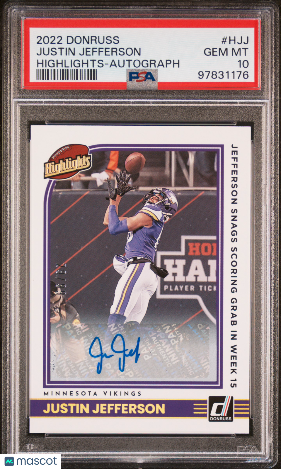 front-watermark-V2_2aee8618-87d2-4215-b5a9-f9a9b1d8593b 2022 Panini Donruss Justin Jefferson #H-JJ Highlights Auto /99 Vikings PSA 10 - Image 1