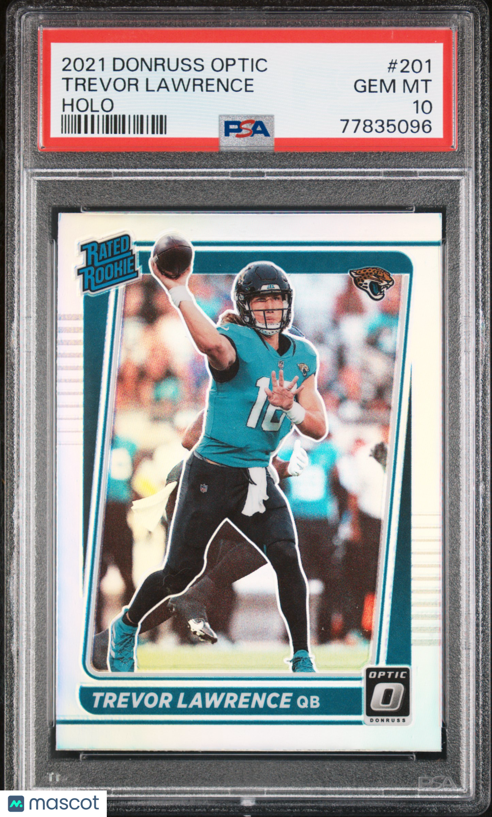 front-watermark-V2_2af862c0-d4af-4287-8226-4953f8105f1f 2021 Panini Donruss Optic Trevor Lawrence #201 Holo RC Rated Rookie PSA 10 - Image 1