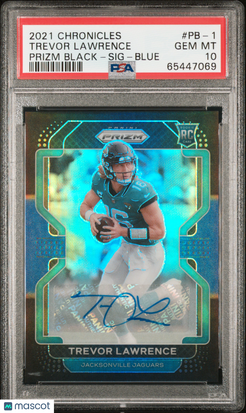 front-watermark-V2_5545643a-aefb-4a82-8629-abc51169ac69 2021 Chronicles Prizm Black Trevor Lawrence Rookie Blue #/25 PSA 10 Auto Pop 2 - Image 1