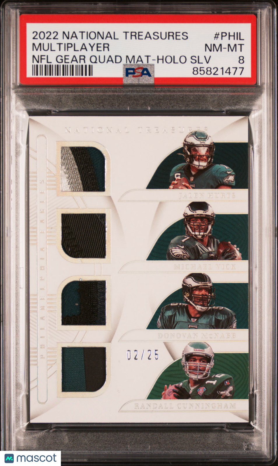 front-watermark-V2_7eca7b08-33e4-4d92-89e9-f3557cd6f782 2022 National Treasures Hurts Vick McNabb Cunningham Quad Patch /25 PSA 8 - Image 1