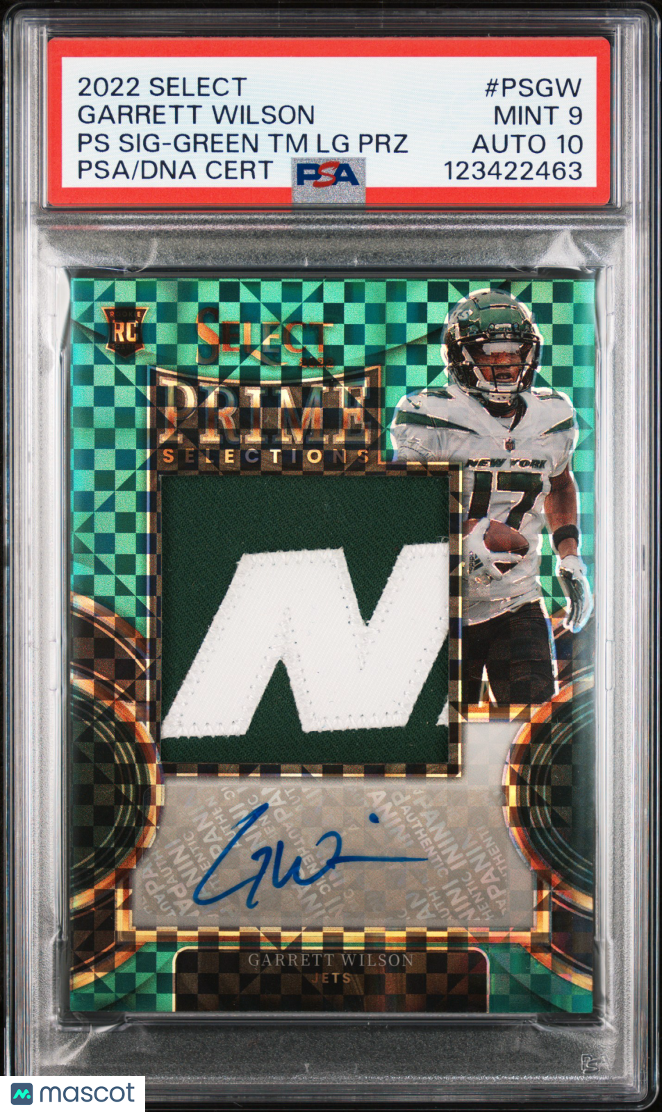 front-watermark-V2_e24b0474-4635-41fc-9efd-cc1d42d15c81 2022 Select Garrett Wilson Green Rookie Logo Patch Auto /5 PSA 9/10 - Image 1