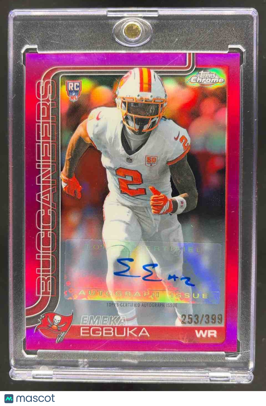 front-watermark-raw-V2_c220f9fa-0d38-48b7-9807-5aae7b53cc3d 2025 Topps Chrome Emeka Egbuka #RA-EE Rookie Auto Magenta Refractor 253/399 RC - Image 1