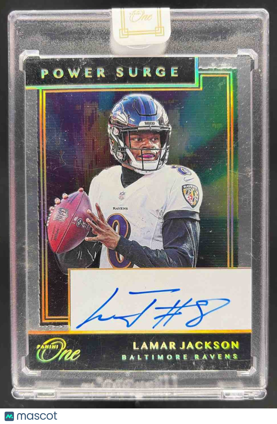front-watermark-raw-V2_c7296061-0c9a-4dd9-9977-9517af6d81b7 2019 Panini One Lamar Jackson #221 7/10 Auto Power Surge Ravens - Image 1