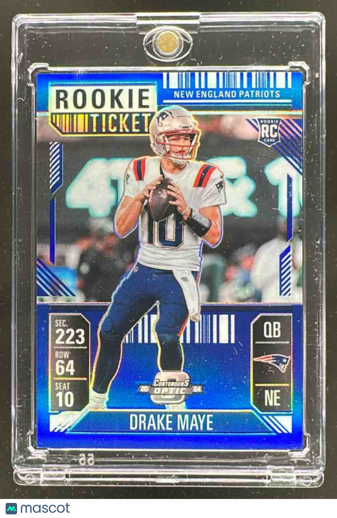 front-watermark-raw-V2_ce9f59bc-f43a-4bd6-95da-404ac88943f5 2024 Panini Contenders Optic Drake Maye #70 Rookie Ticket Blue Prizm /99 RC - Image 1
