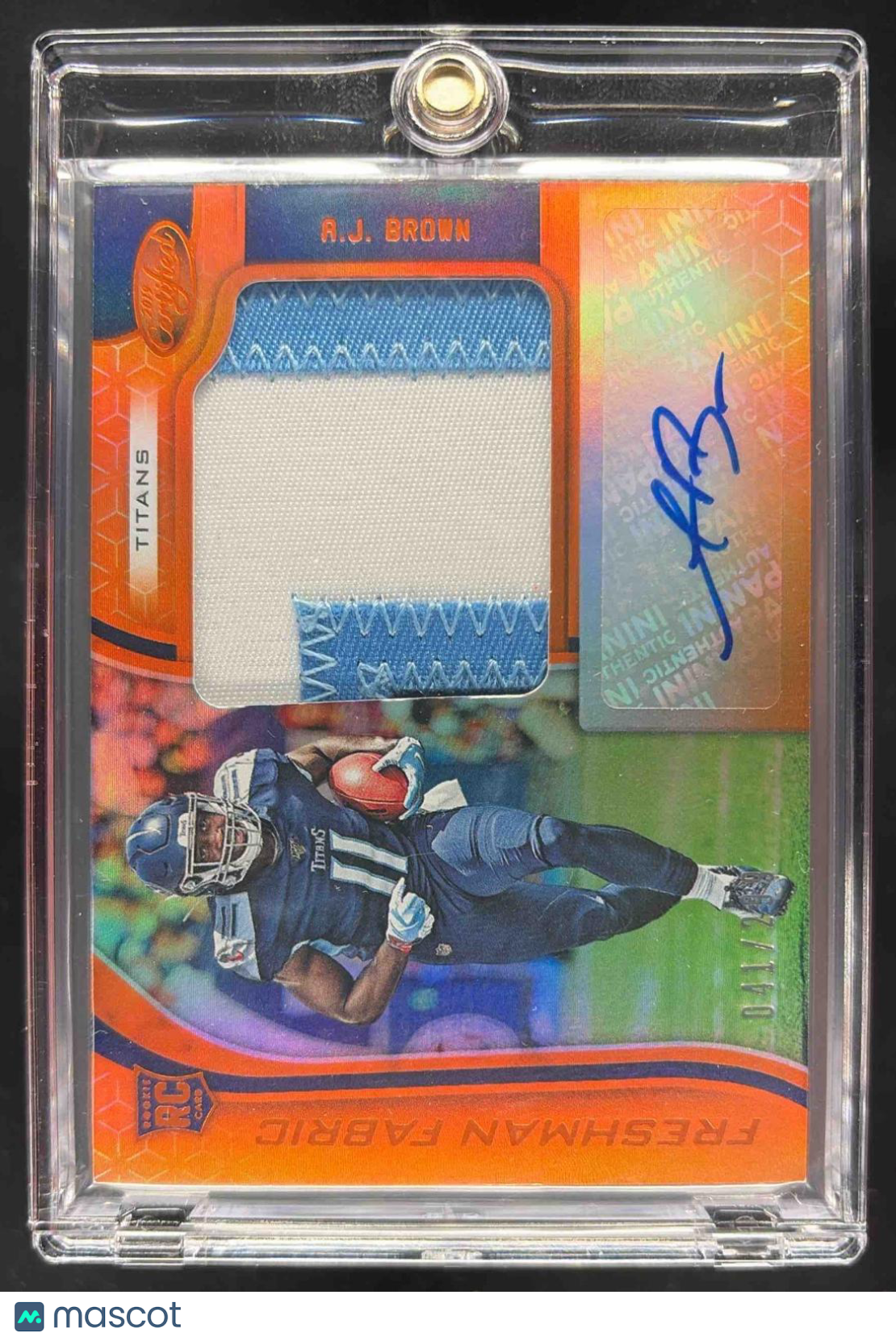 front-watermark-raw-V2_e77726bd-bcf4-48e4-a3ec-0ee84b7cccdf 2019 Panini Certified A.J. Brown #209 Freshman Fabric Mirror Signatures Green Etch Auto RC - Image 1