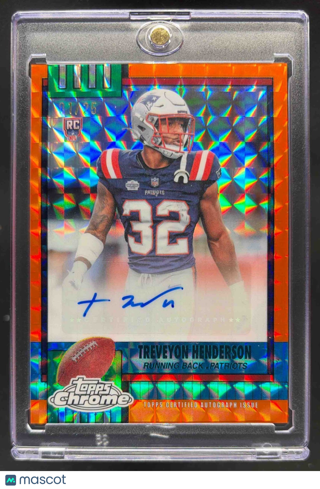 front-watermark-raw-V2_e857e647-58ba-46fa-ad4b-36f2f0188d43 2025 Topps Chrome TreVeyon Henderson #1990-THE 1990 Auto Orange Geometric Refractor /25 RC - Image 1