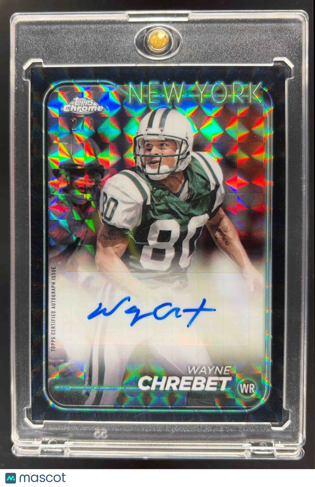 front-watermark-raw-V2_e8f07c5e-6e9b-4cc4-a715-c416b58e0340 2024 Topps Chrome Wayne Chrebet #BA-WCH Auto Black Geometric Refractor 1/2 Jets - Image 1