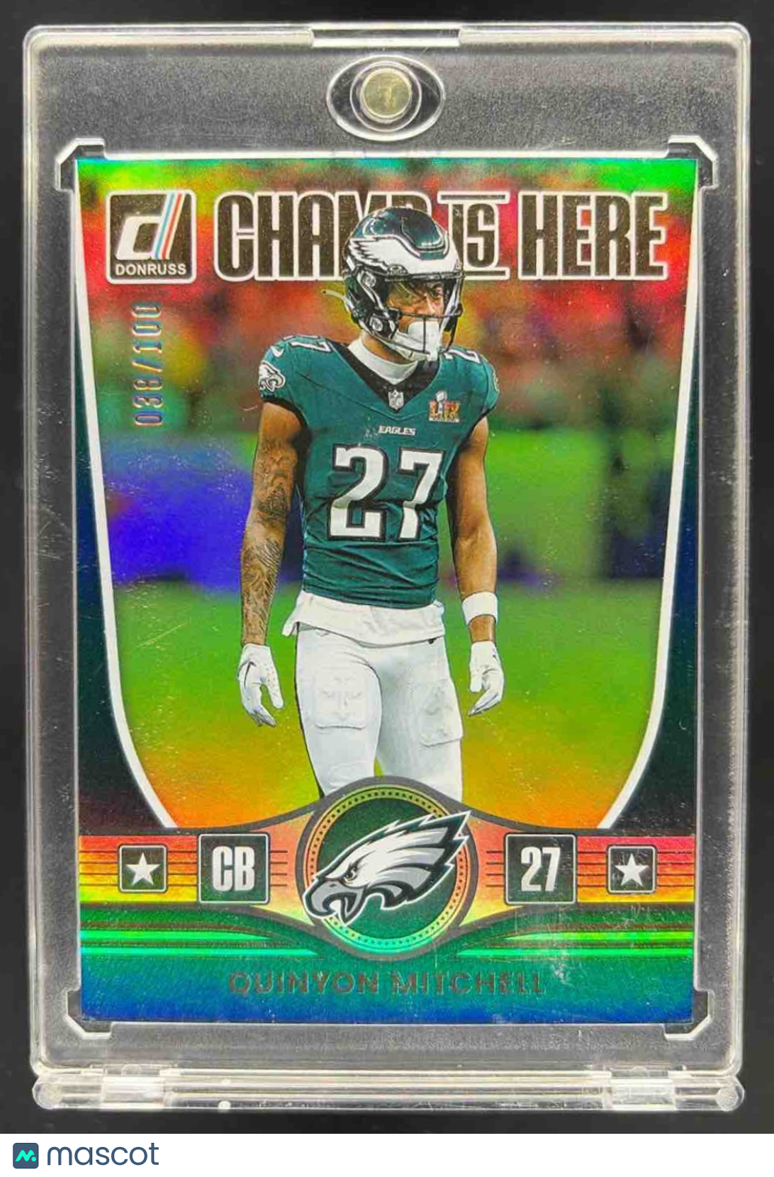 front-watermark-raw-V2_f98565bd-fc7b-4700-b5d6-e0907f6c54d4 2025 Panini Donruss Quinyon Mitchell #CHI-QML Champ is Here Holo 3/100 Eagles - Image 1