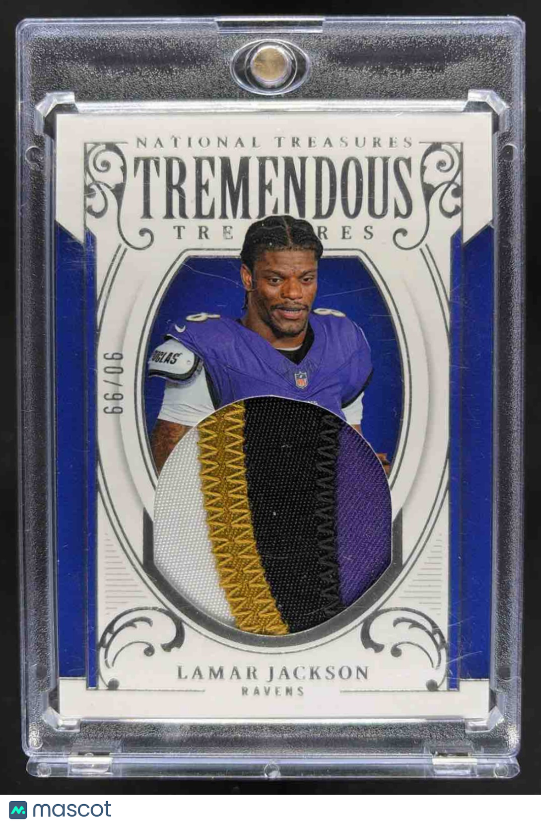 front-watermark-raw-V2_ff269313-a6d9-4462-8655-f2668ed18316 2025 Panini National Treasures Lamar Jackson #TT-LJN Tremendous 90/99 MEM Ravens - Image 1