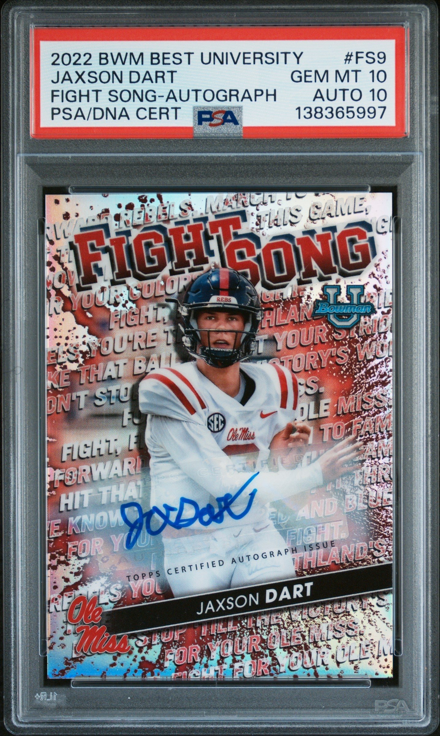 ht3nJeZ0AkSkV_kHt84v1w Jaxson Dart 2022 Bowmans Best U Fight Song Autograph #38/99 PSA 10 Auto 10 - Image 1