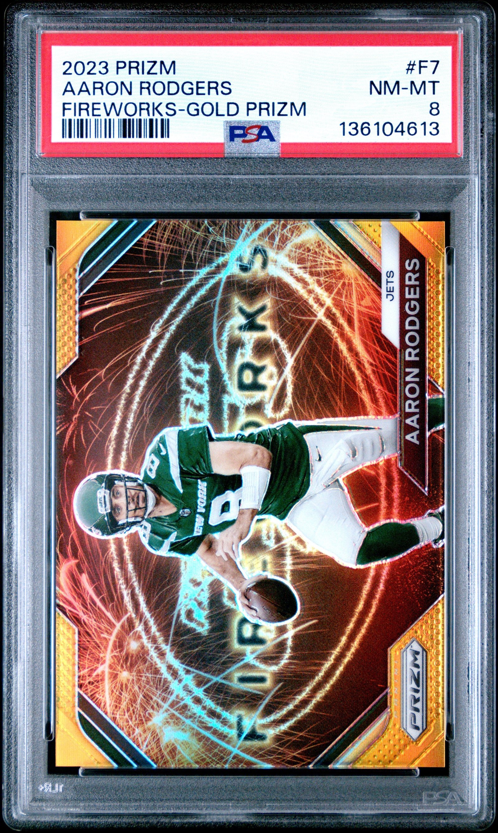 j1JBv30CkiaSvN0Sbyouw Aaron Rodgers 2023 Panini Prizm Fireworks Gold Prizm #8/10 PSA 8 Nm-Mint - Image 1