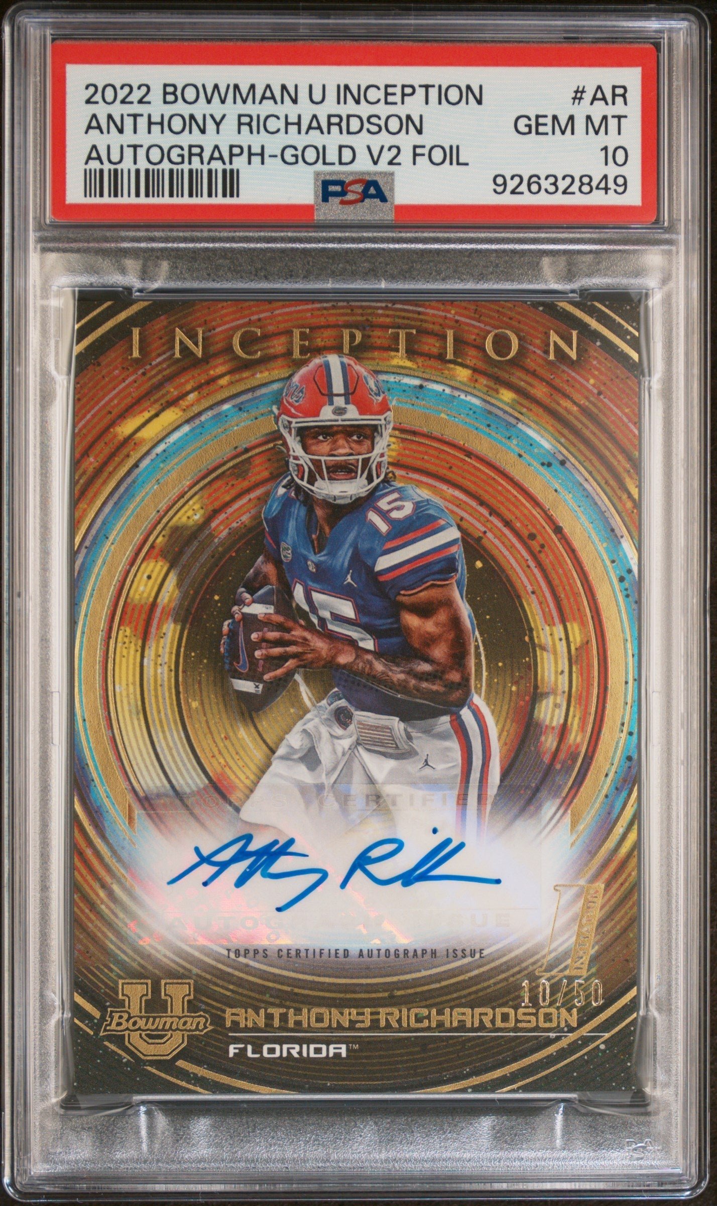 kS9cuD3BSEWxSXaeEFL-dg Anthony Richardson 2022 Bowman U Inception Gold Auto #10/50 PSA 10 Gem Mint - Image 1