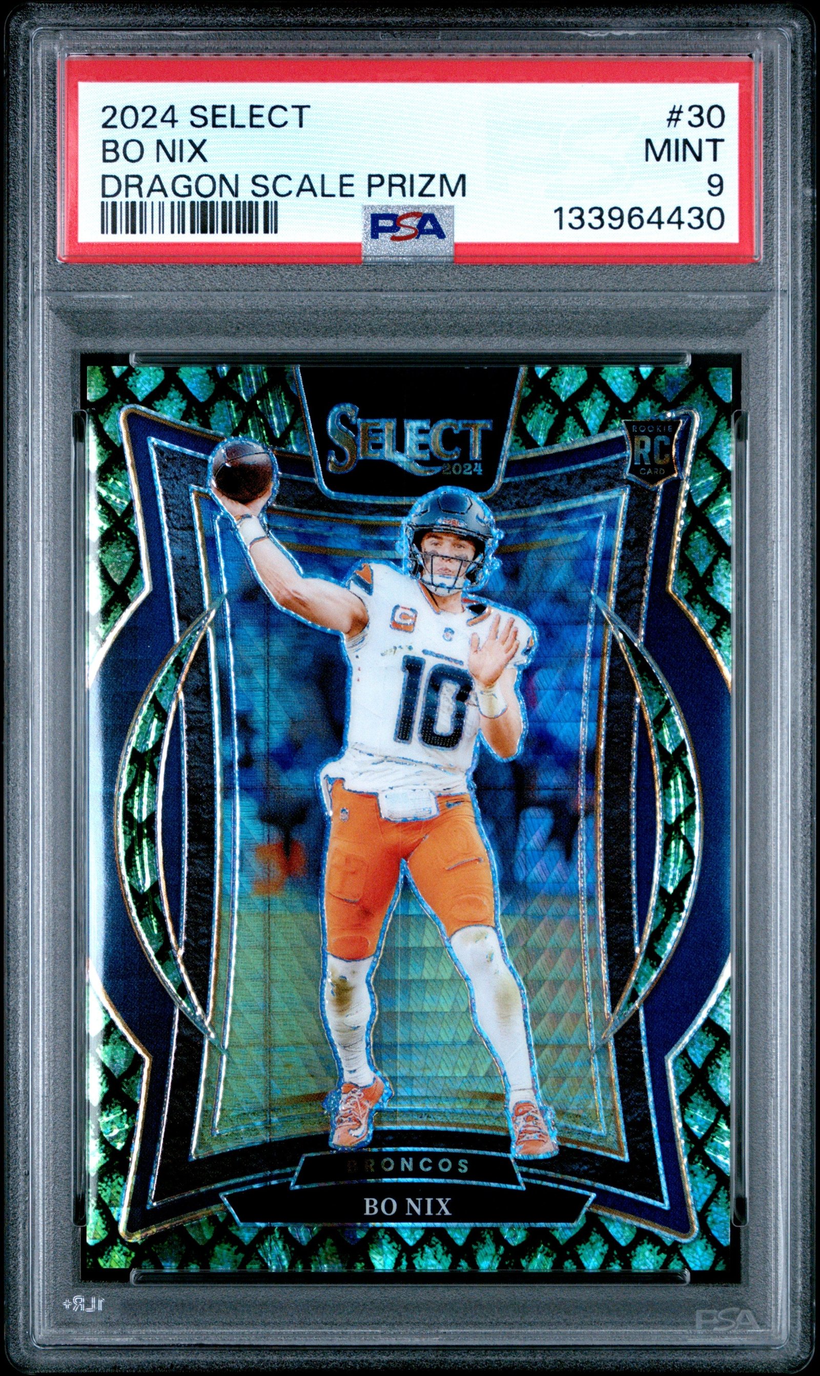 mnCXjG3gaUW1vbNJZT8_EQ Bo Nix 2024 Panini Select Rookie #30 Dragon Scale Prizm #22/81 PSA 9 Mint - Image 1