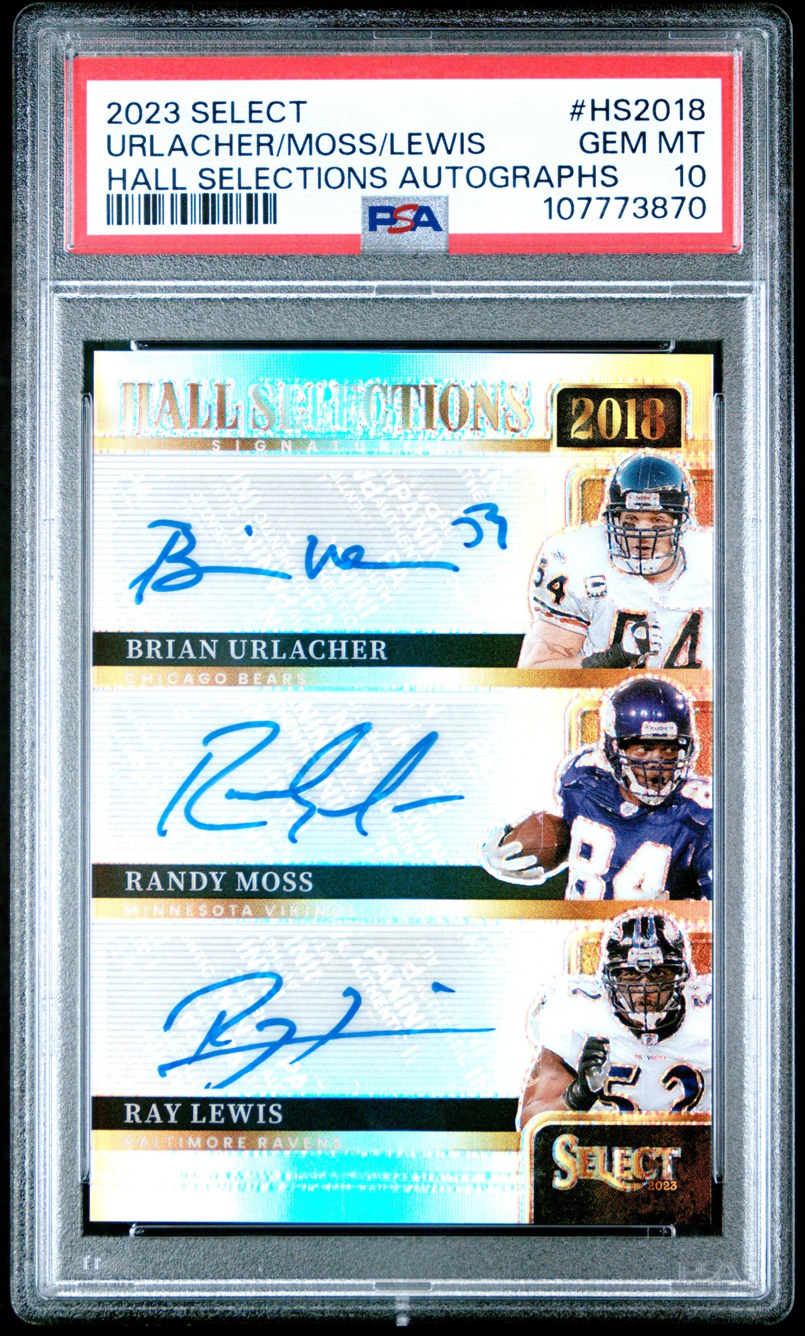 nO5wLi3dZUCZi2xJR3ZdSQ Brian Urlacher + Randy Moss + Ray Lewis 2023 Select Hall Selections Auto PSA 10 Gem Mint - Image 1