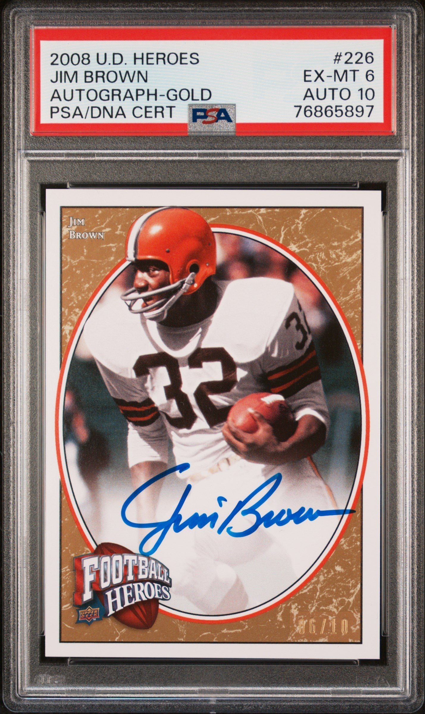 oI6UpgaXRESFwab7GFLS2w Jim Brown 2008 Upper Deck Heroes Gold Autograph #6/10 PSA 6 Auto 10 - Image 1